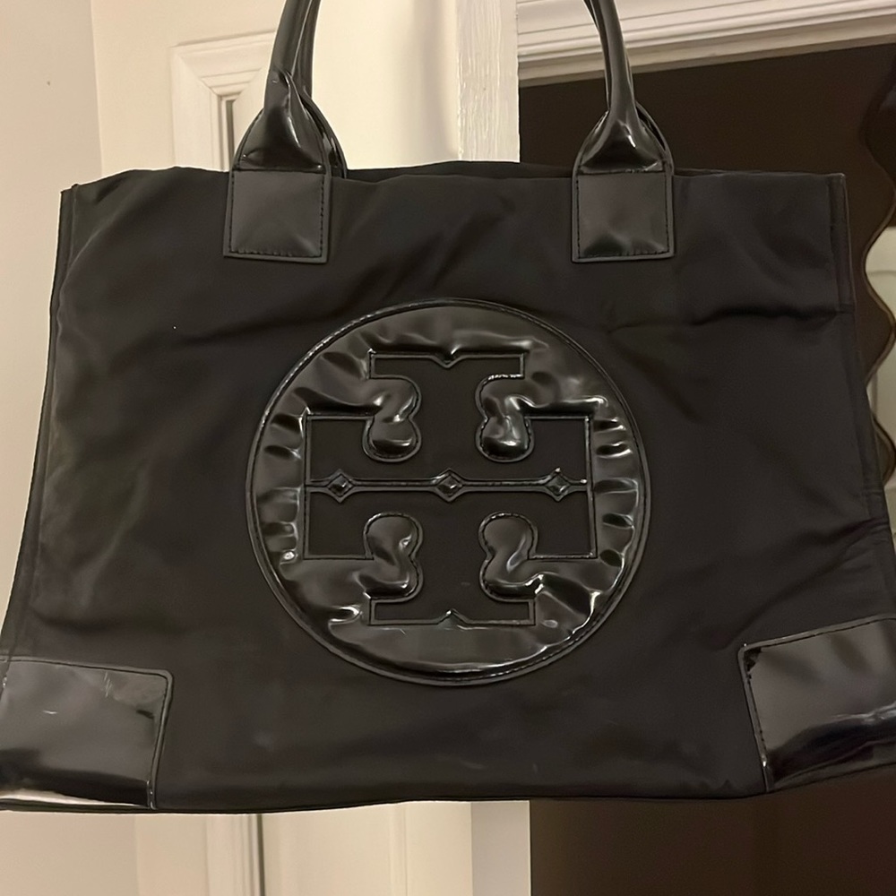Tory Burch, black bag, not leather, more of a synthetic